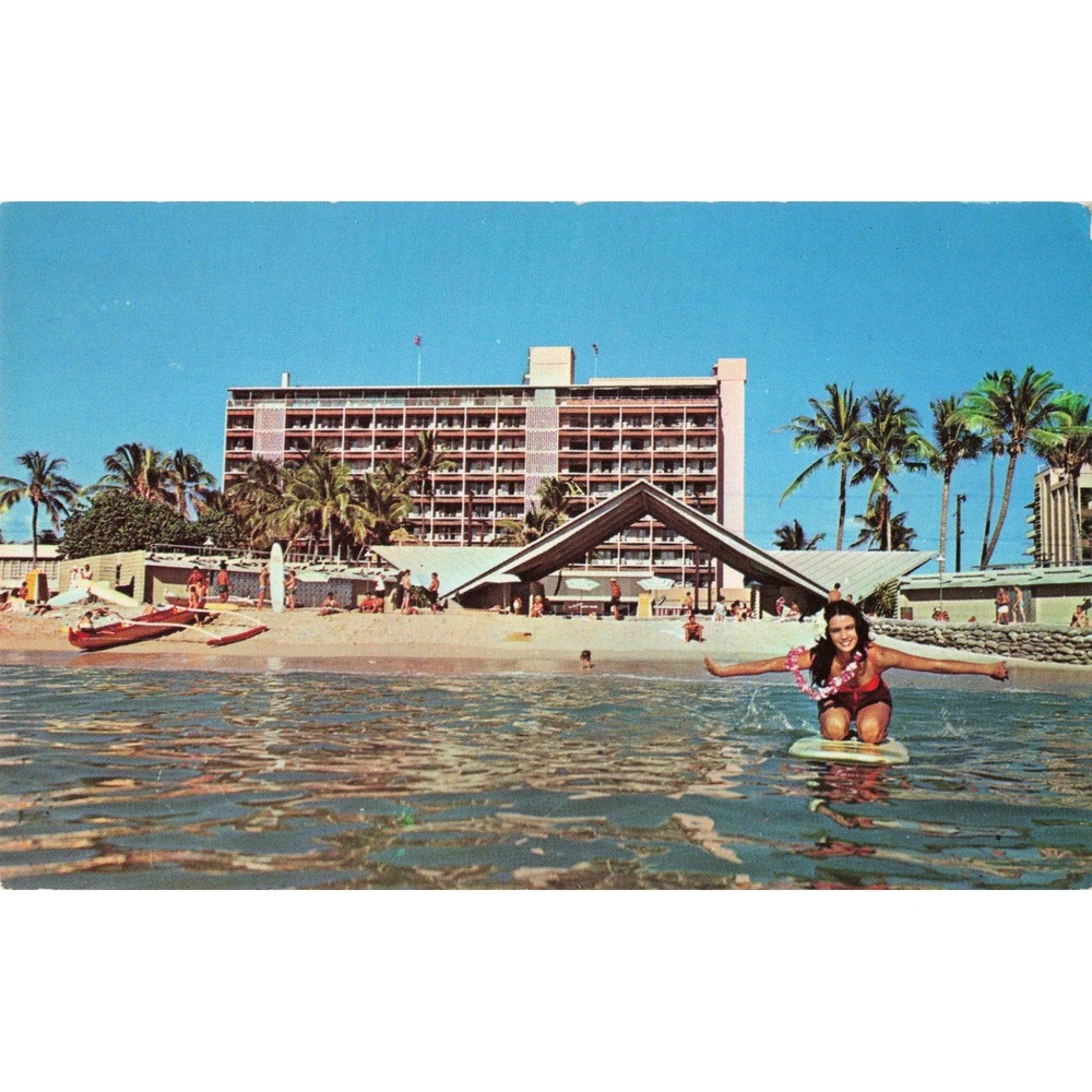 Waikiki Biltmore Hotel Honolulu Hawaii HI Chrome Postcard Surfing Beach Scene